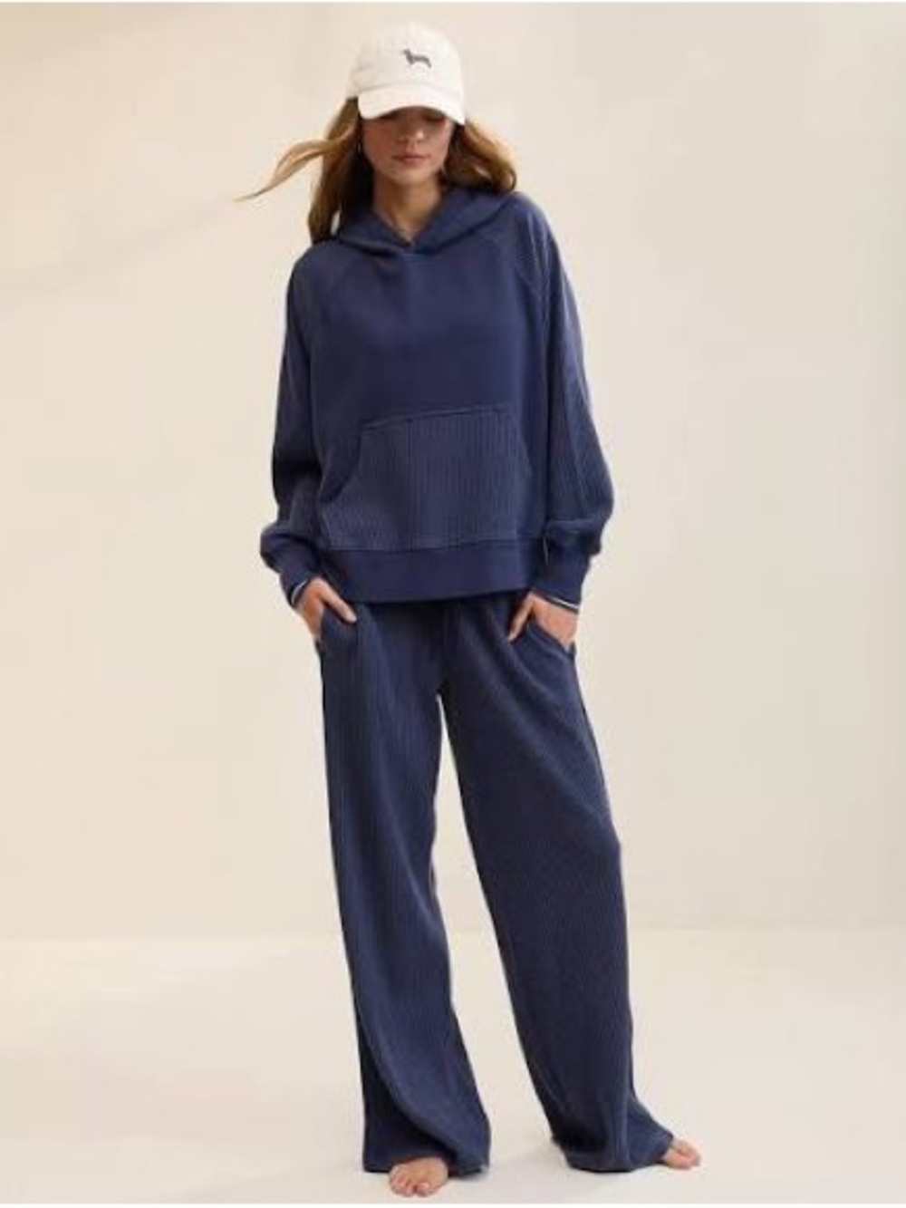 Aerie Navy Ribbed Hoodie & Wide-Leg Lounge Set